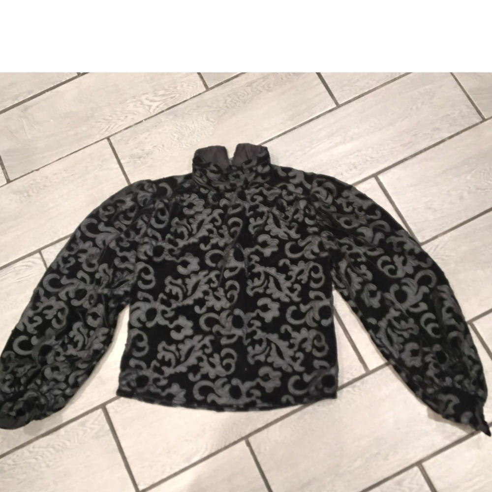 ZARA Black Velvet Damask Burnout Mock Neck‎ Puff Sleeve Blouse Size S